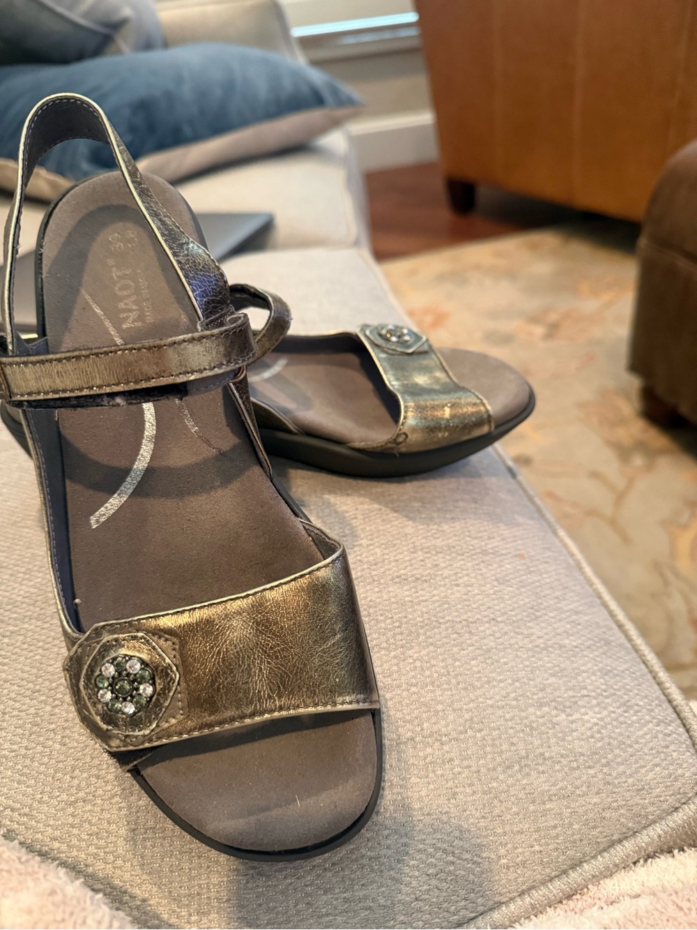 Naot Metallic Bronze Slingback Sandals with Jewel Medallion